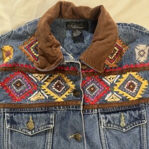 Denim Embroidered Medium Trucker Jacket Corduroy Western Granola Cowgirl Cottage